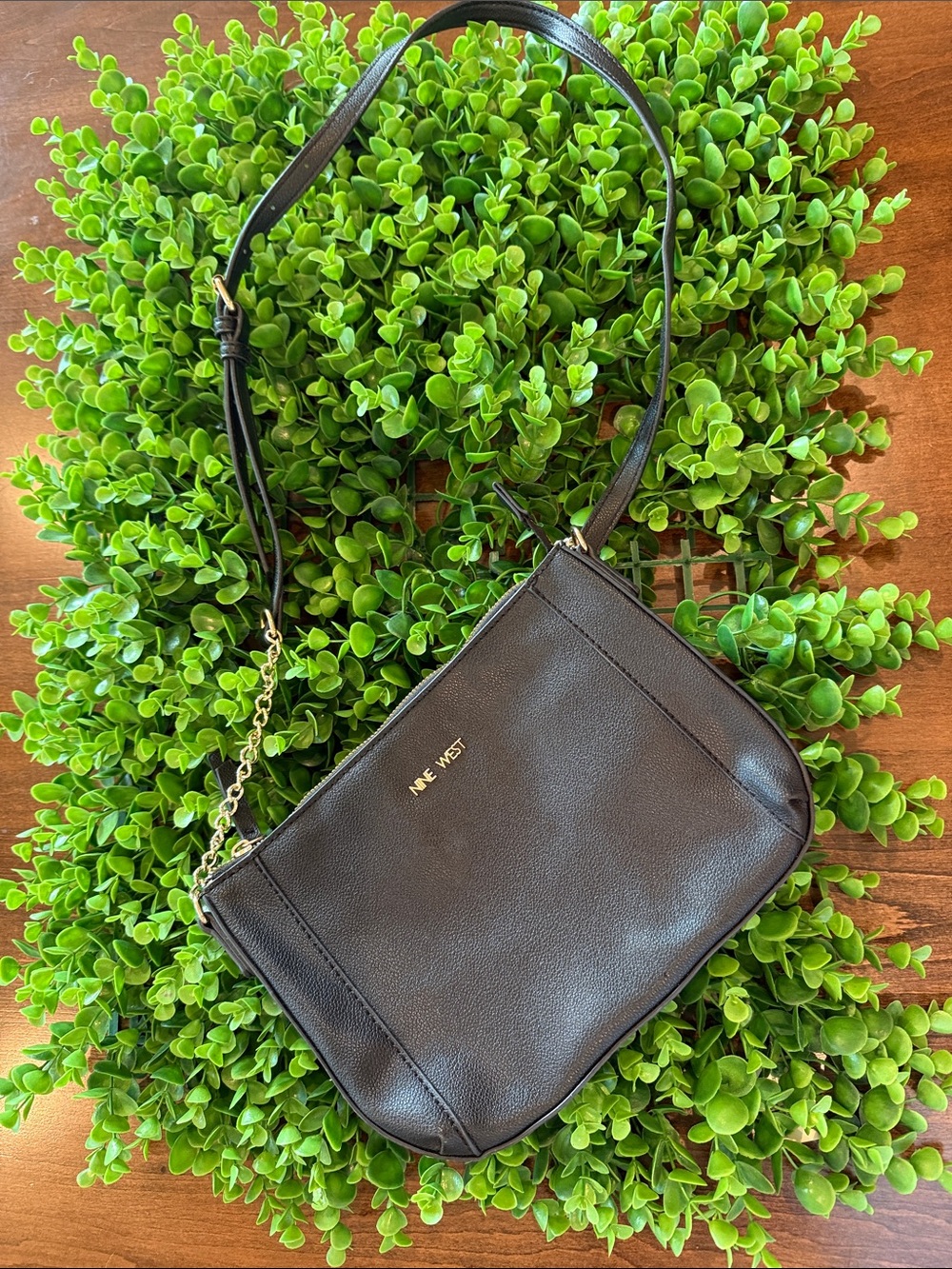 Nine West Black Leather Crossbody with Gold Chain Accent